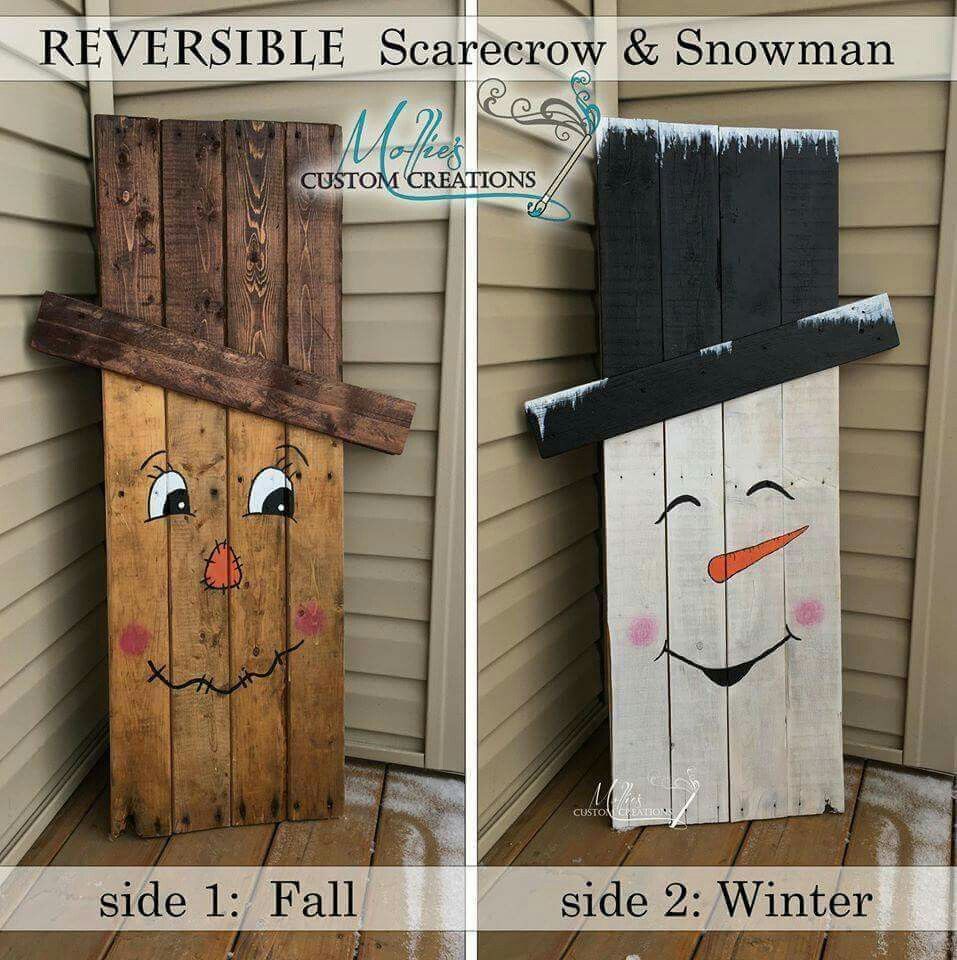 Scarecrow one side snowman reverse side. Fall and winter 2 in 1 porch decor