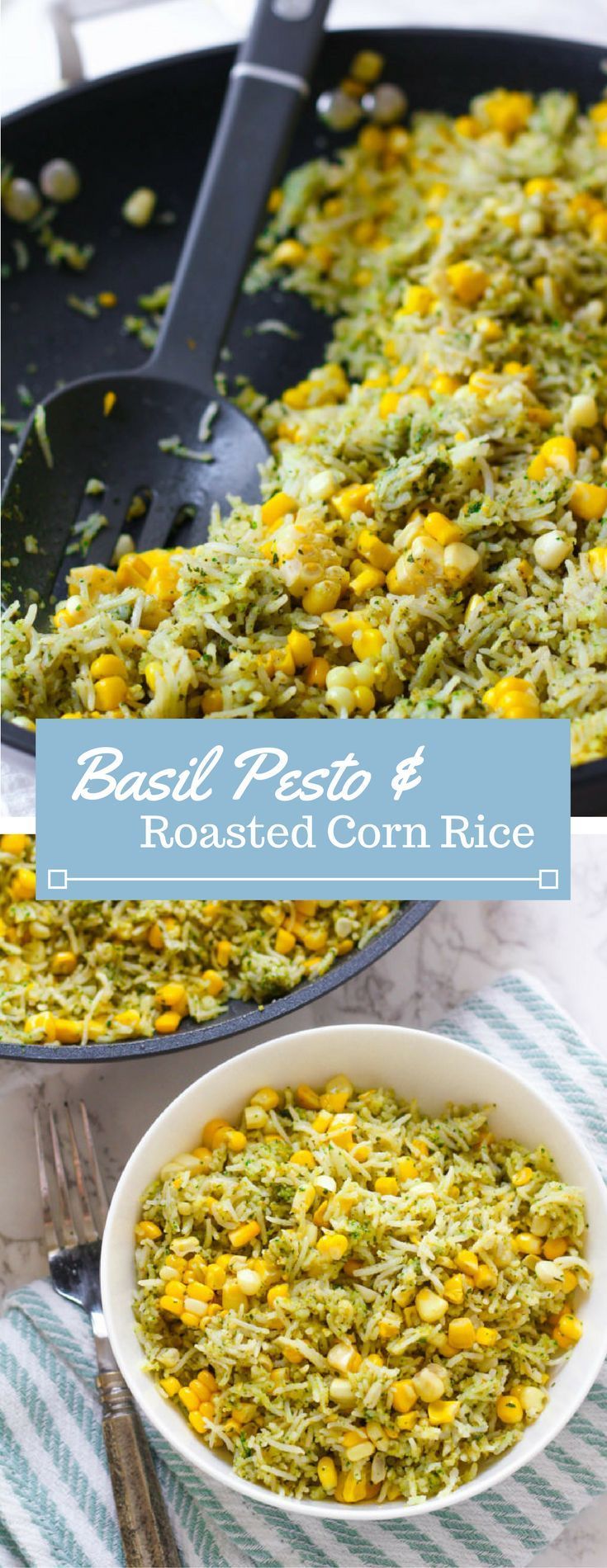 Sweet summer corn is roasted in the oven and combined with fresh basil pesto and jasmine rice. A perfect summer side dish!