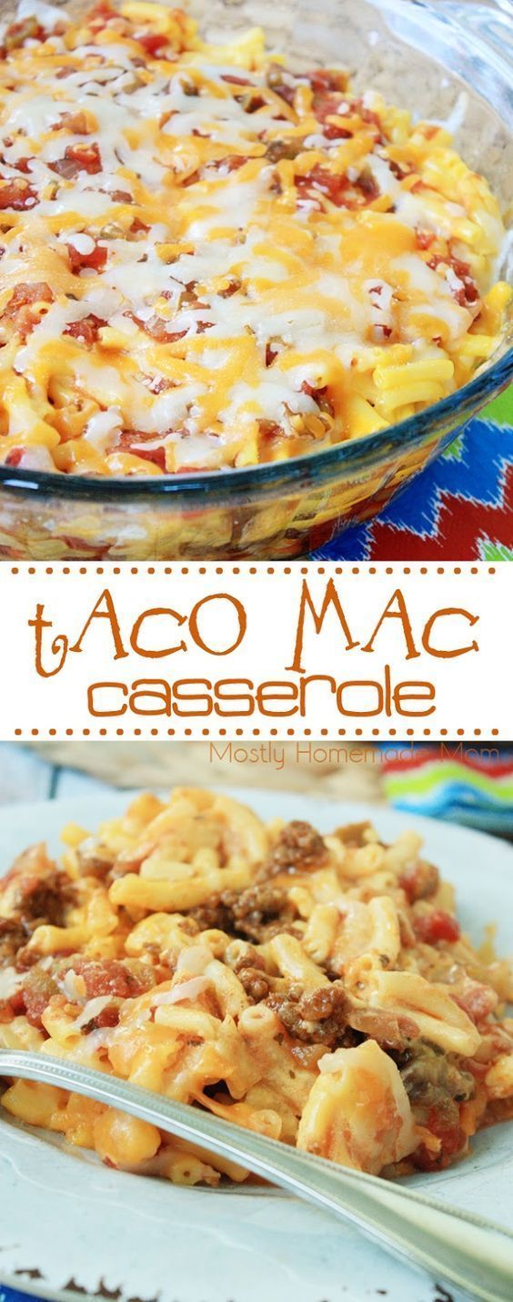 Taco Mac Casserole – a total family favorite dinner! Taco beef, a box of macaroni and cheese, salsa, and cheddar – this is one