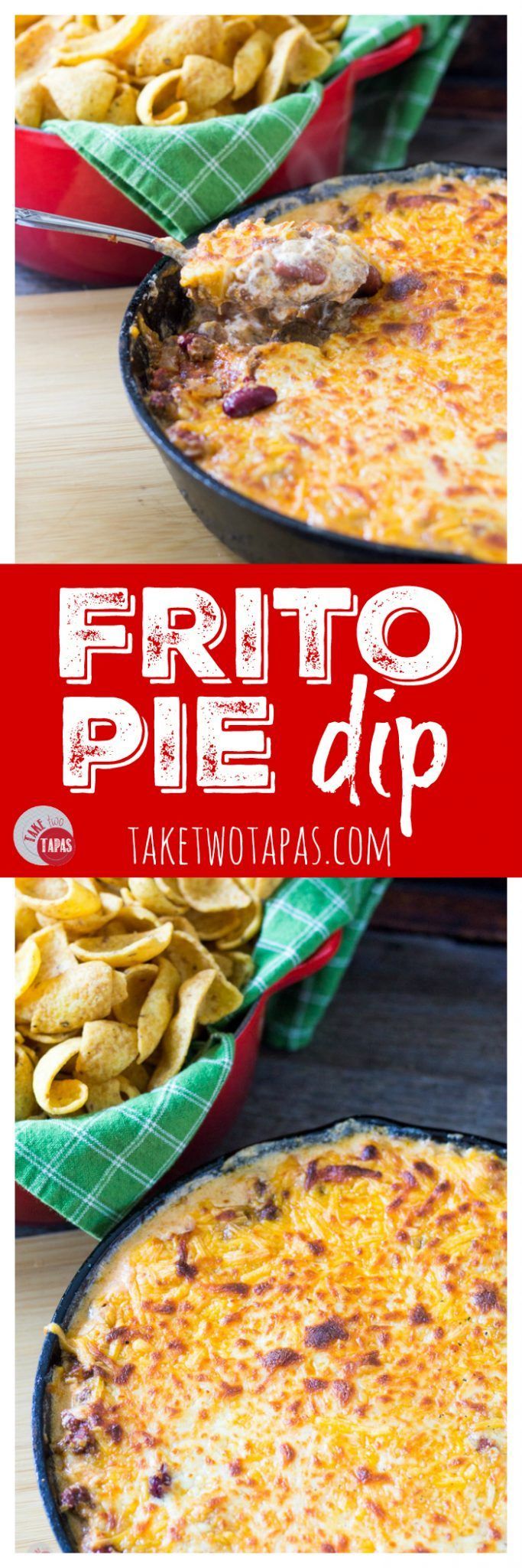 The classic Frito Pie dish containing corn chips, chili, and cheese is transformed into a dip you can scoop into your mouth with