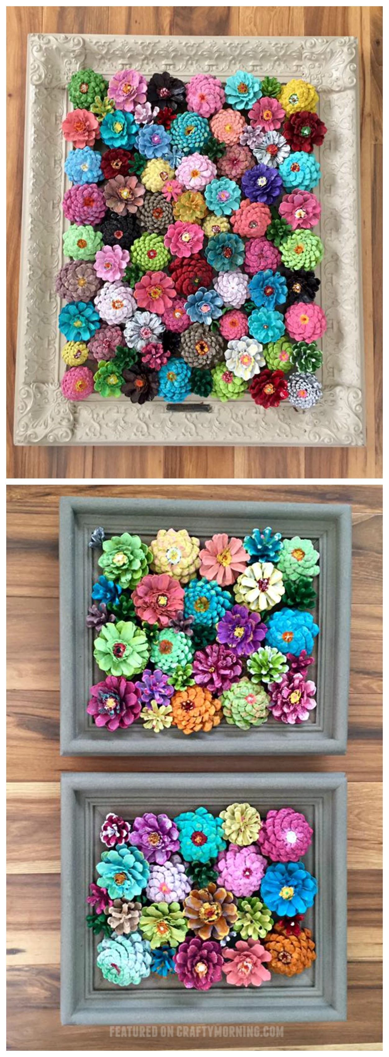 These pinecone flowers in a frame are so pretty! Perfect craft for summer or spring. Makes a beautiful wall art piece.