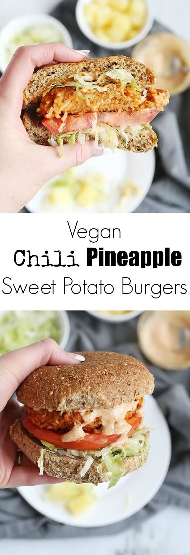 These Vegan Chili Pineapple Sweet Potato Burgers are FULL of flavor! sweet pineapple and spicy chili make an amazing combo. A