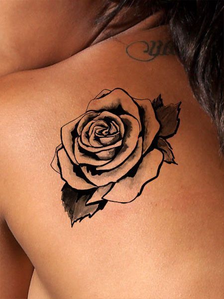 This beautiful art deco style rose tattoo is available as a black tattoo or a color tattoo. Traditionally a rose tattoo symbolizes