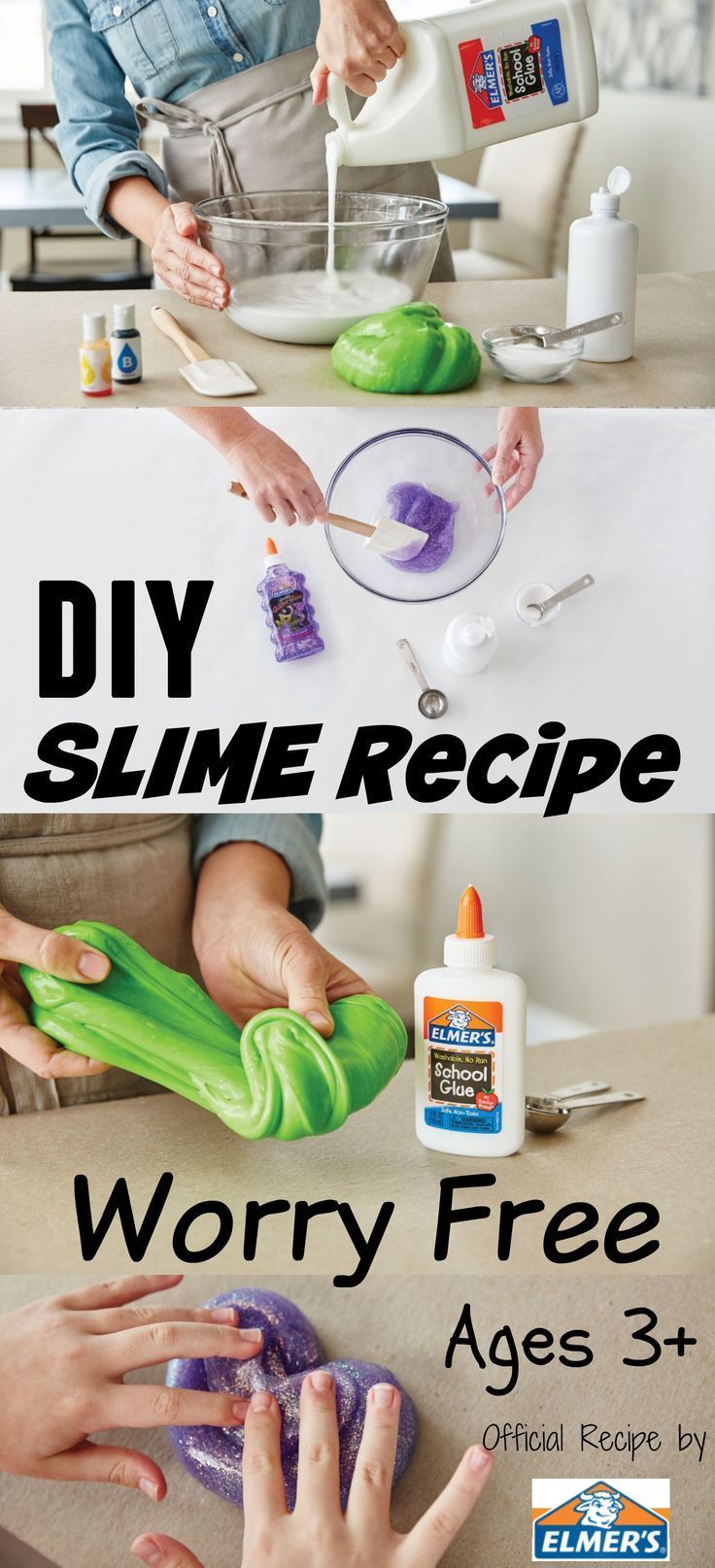 This DIY Slime Recipe is WORRY FREE and kid-friendly! This NO Borax slime recipe is Elmer’s Official Recipe perfect for kids ages