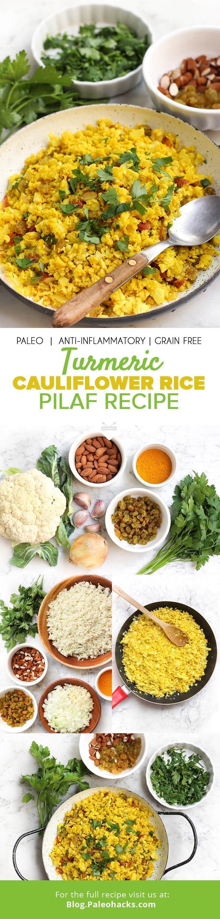 This Paleo pilaf swaps out traditional rice with healthy cauliflower spiced with anti-inflammatory turmeric! Get the recipe here: