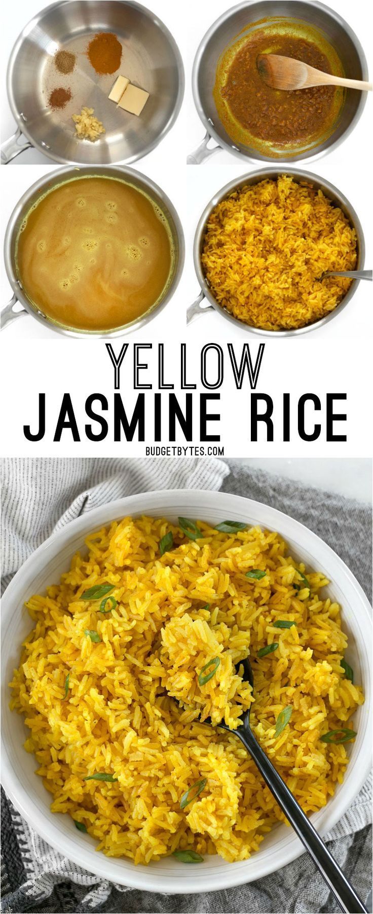 This savory Yellow Jasmine Rice combines warm and fragrant Indian spices and chicken broth to make the most flavorful rice you’ve