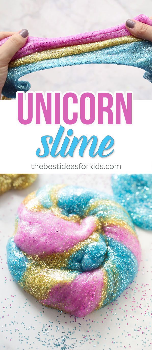 This unicorn slime is easy to make! Make this glittery gold, pink and blue unicorn slime that you can even make to look like