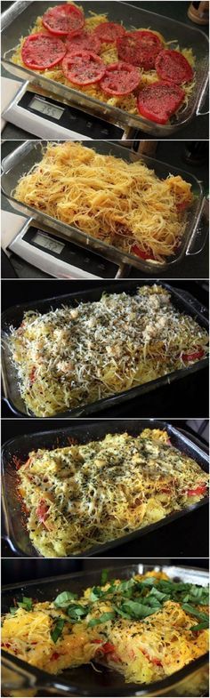 Tomato Basil Spaghetti Squash Bake Recipe : super healthy AND delicious! To make it vegan, sub vegan cheeses OR leave them out and