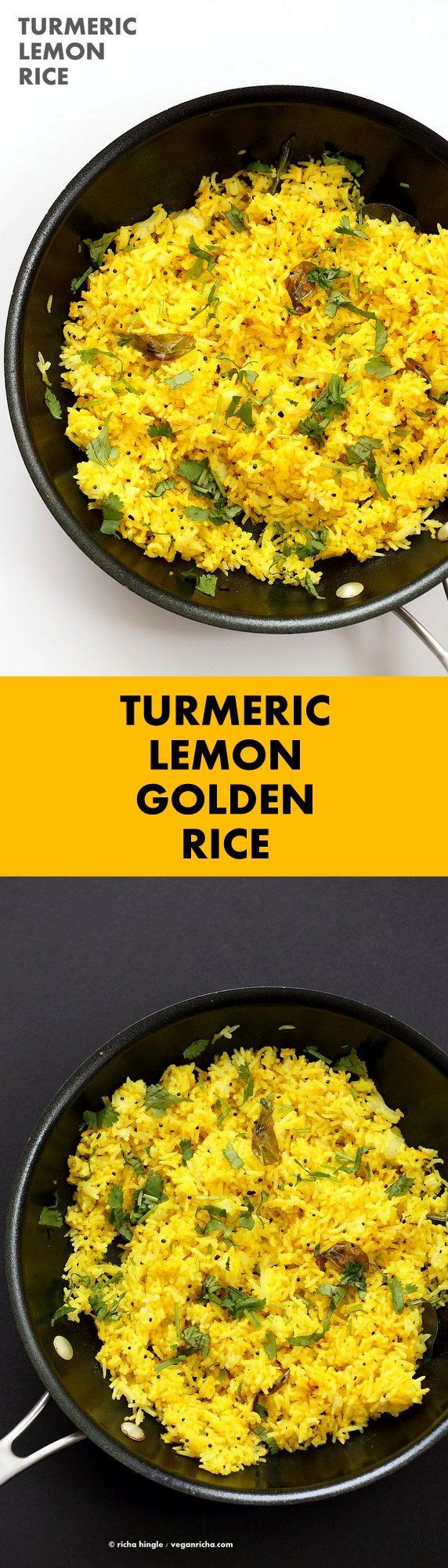 Turmeric Lemon Rice Recipe. Indian Golden Rice with turmeric, lemon and mustard seeds | VeganRicha.com