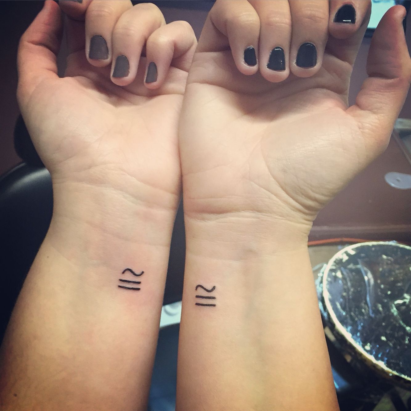 Twin tattoo, the mathematical symbol for congruence- meaning the same but different, sister tattoo, sibling tattoo