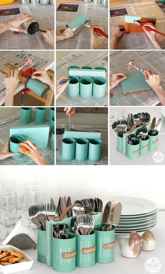 // upcycled organizer — would be great to hang on craft or office wall by only using three cans as well.