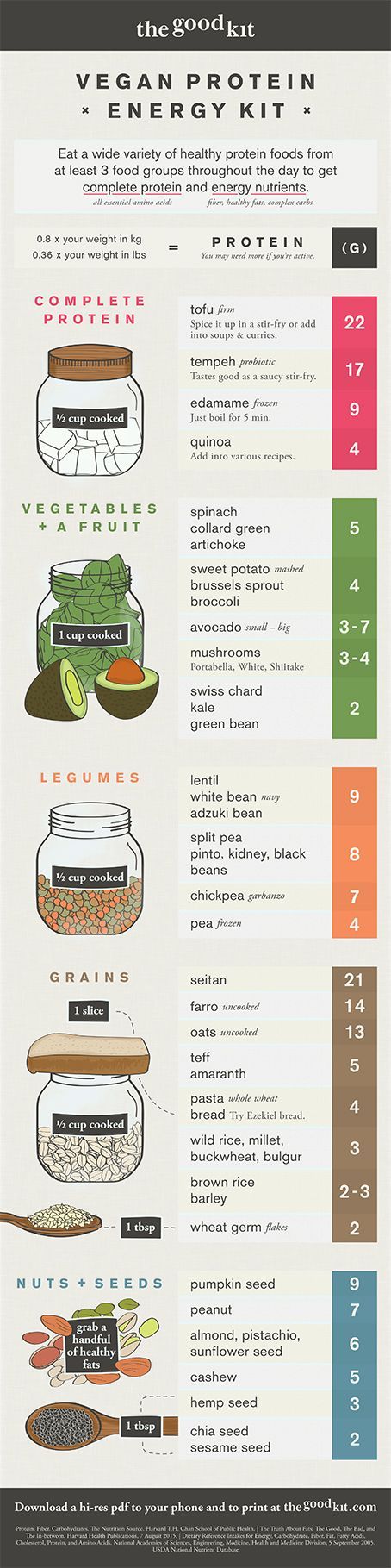 Vegan protein infographic for energy. List of plant based foods for health. Download the Vegan Protein Energy Kit as a hi-res pdf