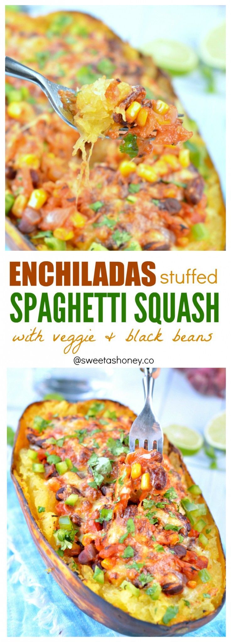 Vegetarian enchiladas stuffed spaghetti squash recipe | You won’t miss the tortillas wrap. A great easy clean eating recipe to cut