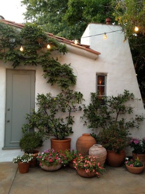 What a charming abode…a bevy of potted plants make this residence feel so lush.