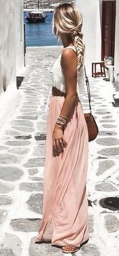 White & blush.  Lace top with skirt.  Summer outfit.  Romantic.  Blonde Hair.  Hair inspiration.  Braids.