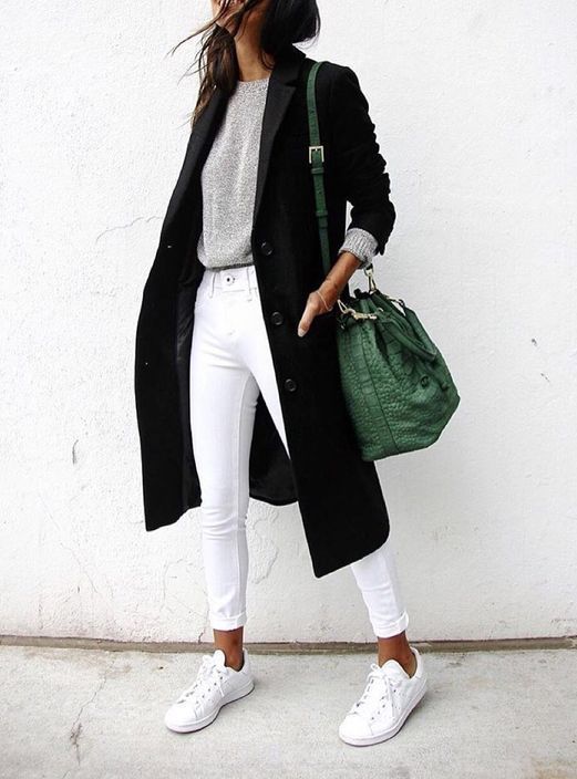 white converse with black long coat cute fall street style