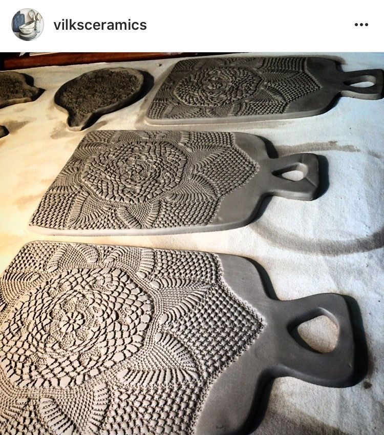 WIP Ceramic pottery clay cheese boards and spoon rests embossed / textured with crochet lace doily