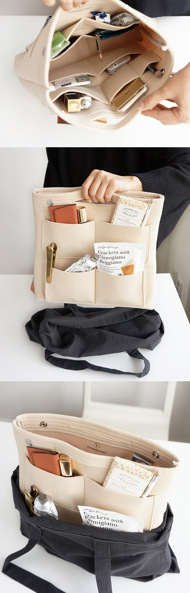 Woah! Transform any tote bag with the Long Felt Purse Organizer! It’s made of sturdy felt that’s resistant to pilling. It