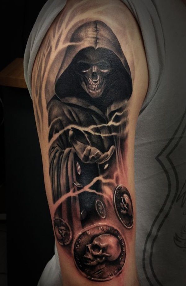 A mysterious Grim Reaper tattoo. The reaper seems to be throwing coins with skulls on them. It looks to be signifying that the