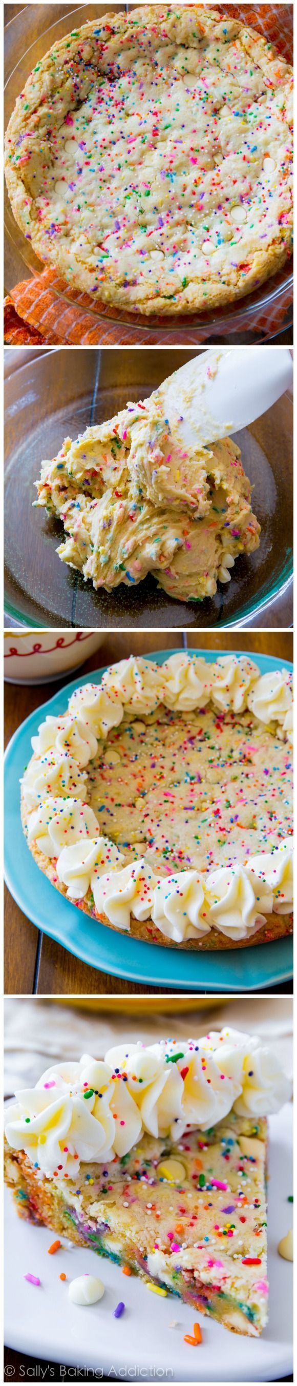 Absolutely awesome Funfetti Sugar Cookie Cake – soft, chewy, thick, and loaded with sprinkles and white chocolate chips!