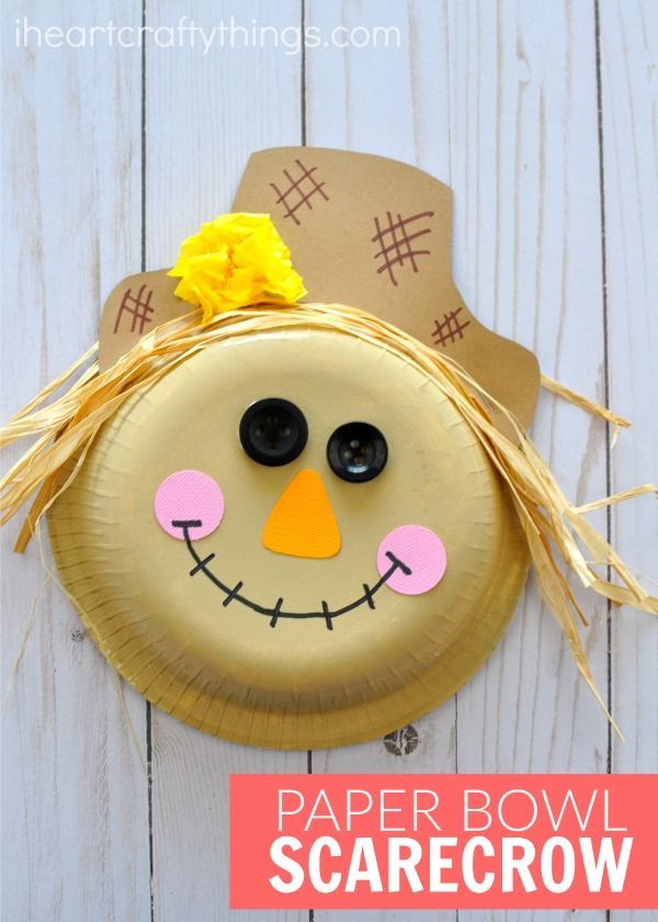 Adorable paper bowl scarecrow craft that is perfect for a fall kids craft and harvest kids craft. Fun fall theme bulletin board