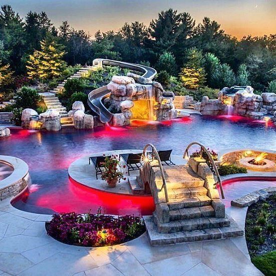 Awesome slide, lots of lights, sunbathing spot, fire pit.