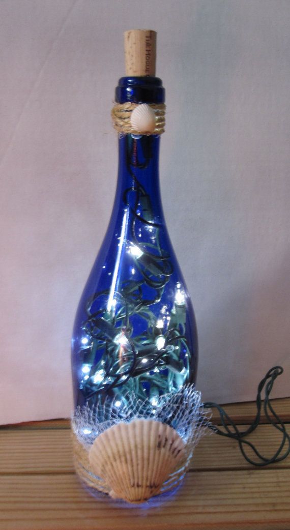 Beach Tropical Seashell inspired lighted bottle for in/outdoor decorating