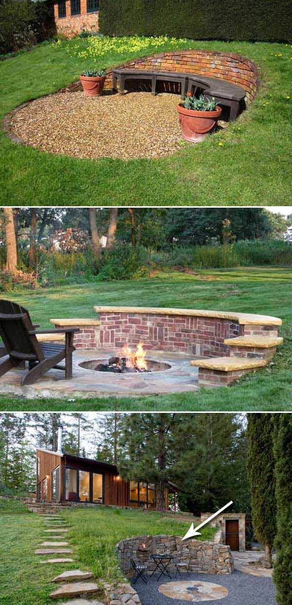 Brick/stone retaining wall with curved shape is a unique way to define a cozy outdoor seating area.