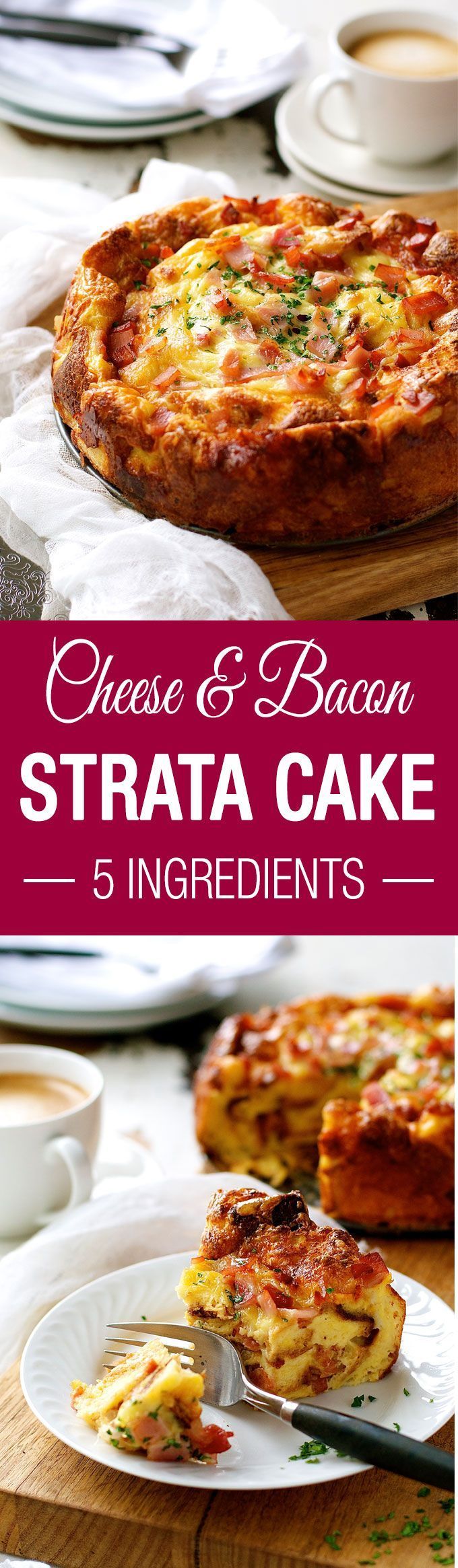 Cheese and Bacon Bread Bake Cake (Strata) – Made with just bread, eggs, milk, cheese and bacon. Great make ahead for feeding a