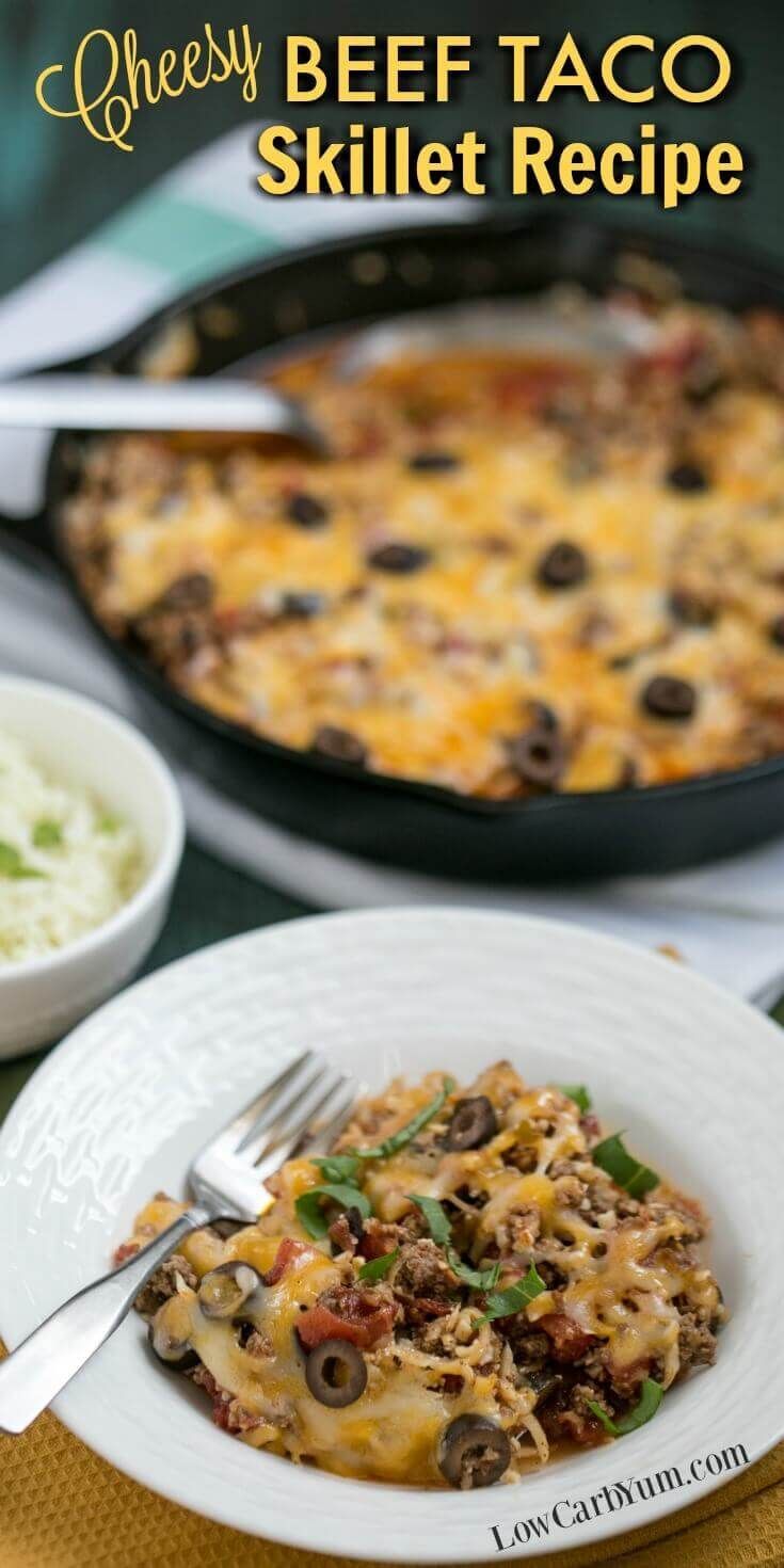 Cheesy Beef Taco Skillet Recipe with Cauliflower Rice via @lowcarbyum