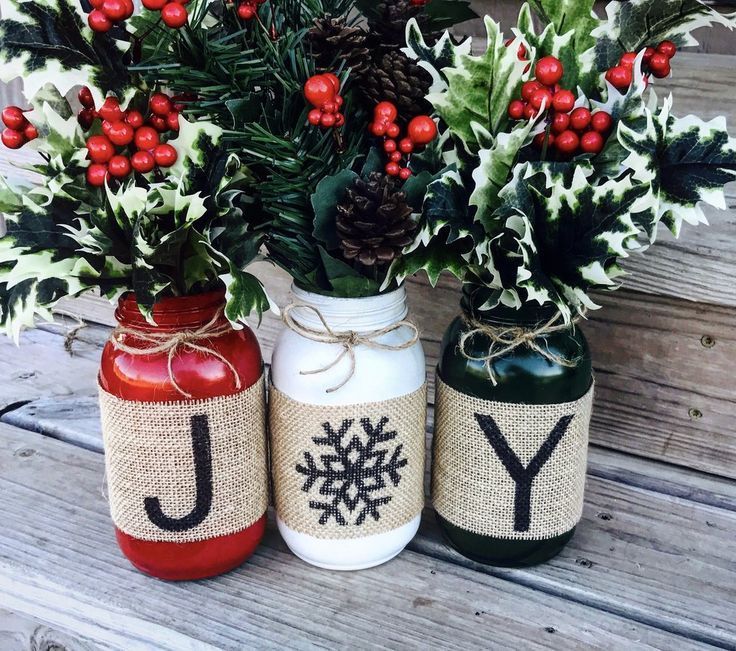 Christmas Holiday Burlap Mason Jars set of 3. Christmas ideas at http://knotandnestdesigns.com