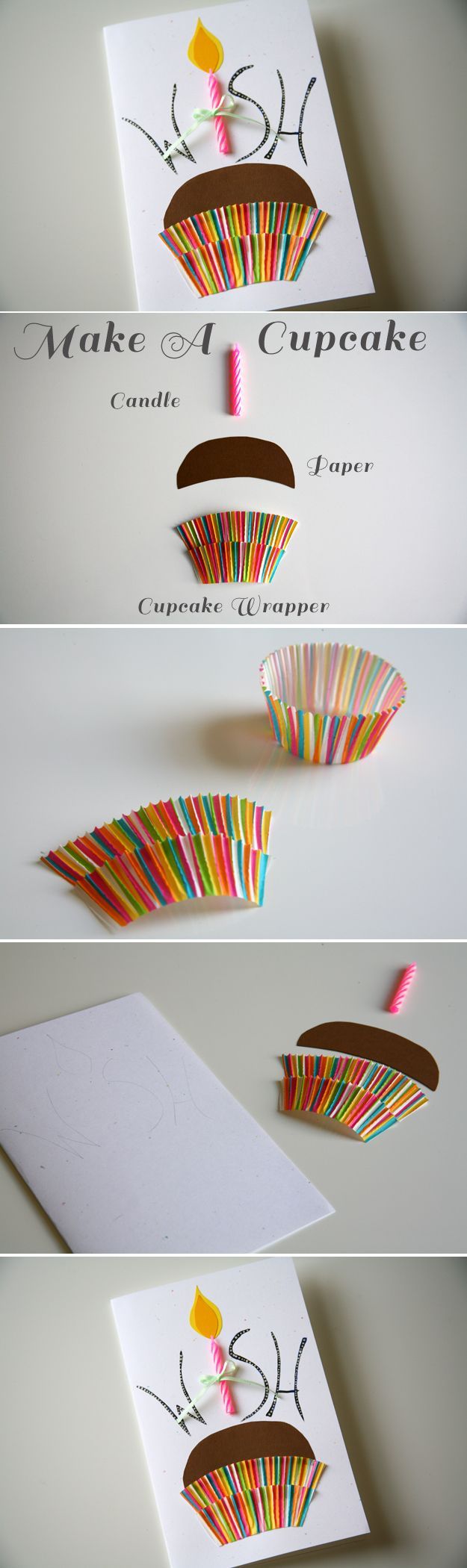 Clever handmade cupcake birthday card using an actual paper cupcake holder and candle.