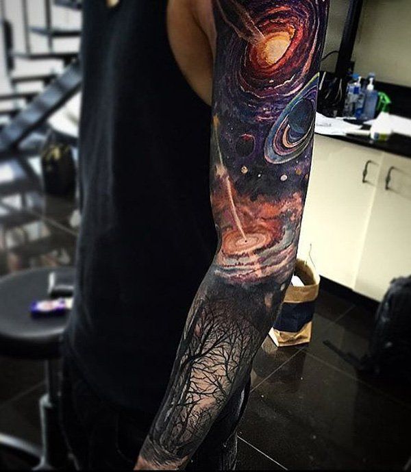Cool space sleeve tattoo for men – This one is a super cool full tattoo sleeve for men. It can signify that just above our normal