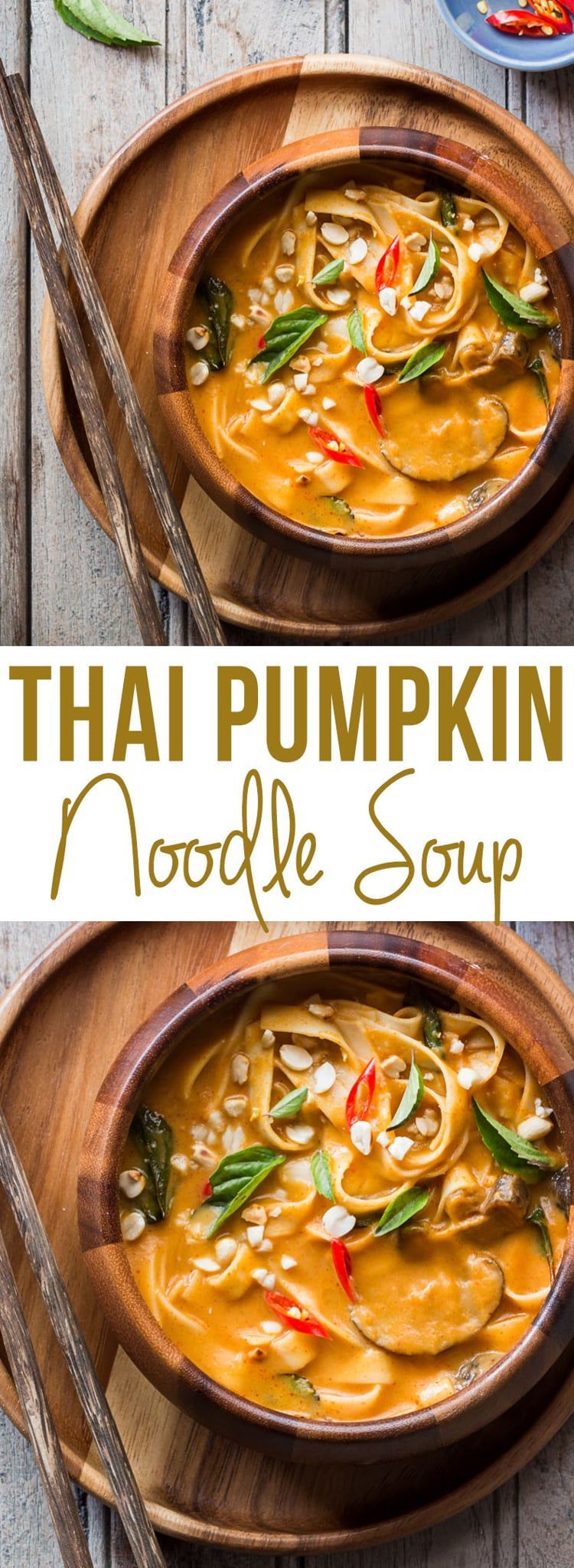 Creamy, comforting spicy thai curry pumpkin noodle soup gets ready in 20 minutes and the recipe takes you back to Thailand!