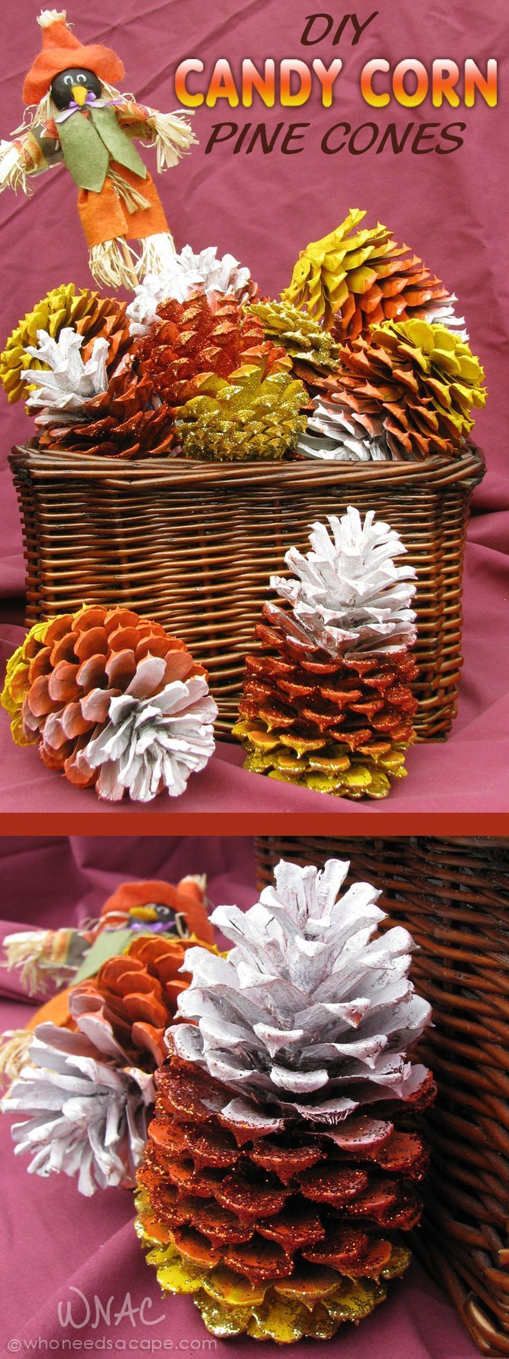 DIY Candy Corn Pine Cones a wonderful project for autumn decorating.
