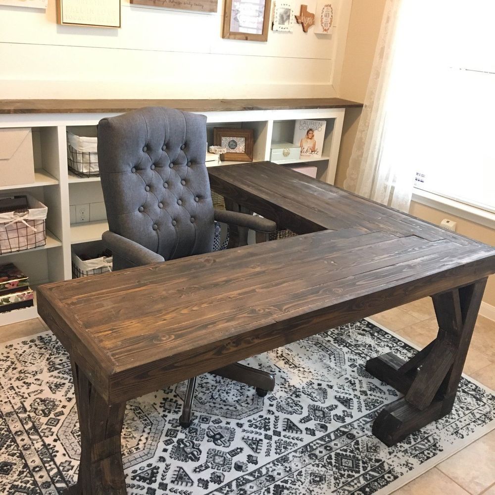 DIY L-Shaped Farmhouse Wood Desk + Office Makeover