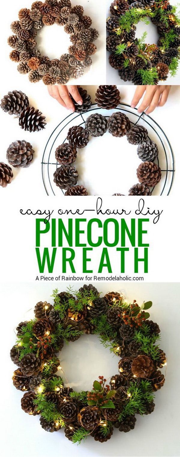DIY Lighting Pinecone Wreath. This DIY festive wreath is made from pinecones, greenery and some fairy lights.