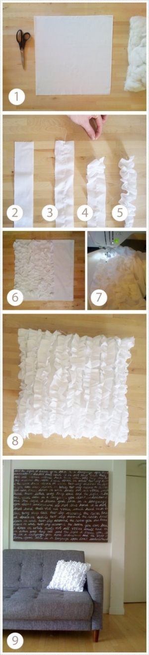 DIY ruffle pillows.  Idea to add ruffle to my shower curtain.