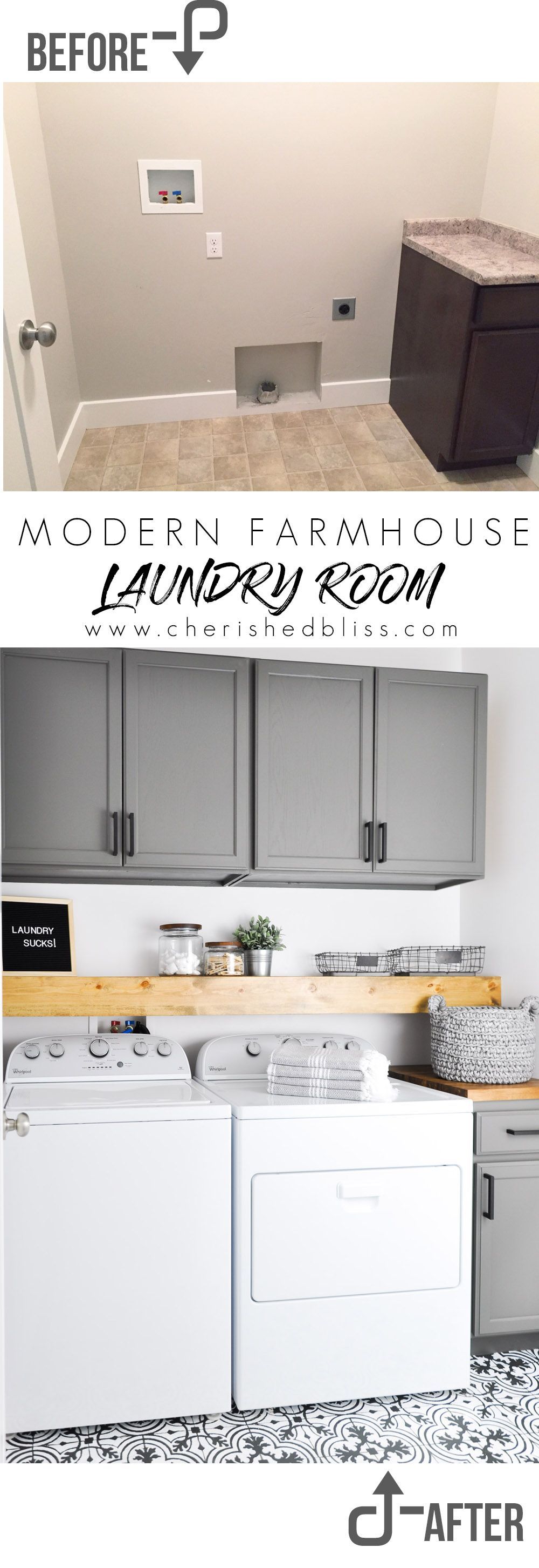 Do laundry in style in this Modern Farmhouse Laundry Room. Come see the transformation from builder grade to gorgeous on a low
