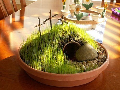 Easter terrarium.  Kindergarten Sabbath School activity and can be an ongoing care-taking room decor for the kids.