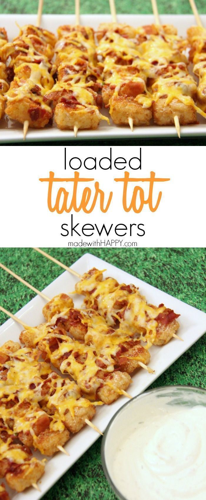 Entertaining & party appetizer recipe – Loaded Tater Tot Skewers. Perfect for football game day or Super Bowl party food.