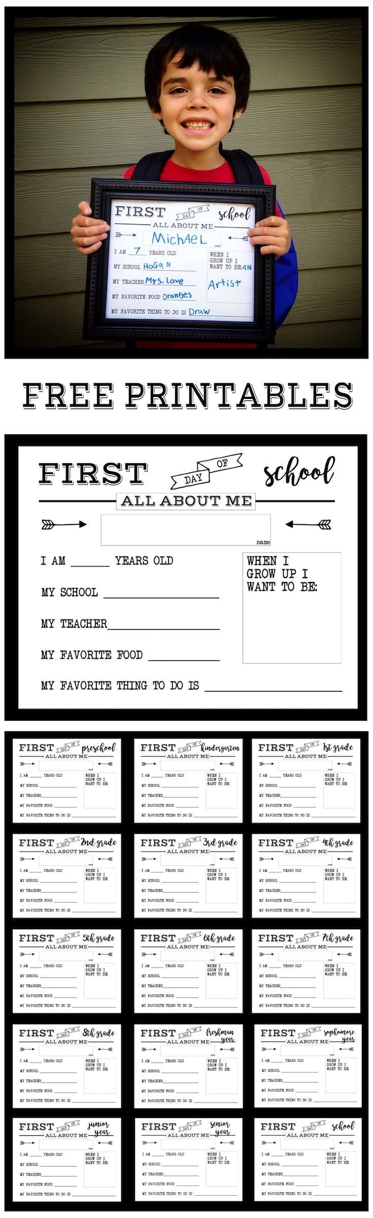 First Day of School All About Me sign free printable sign. Preschool and Kindergarten through Senior year. Print this sign for