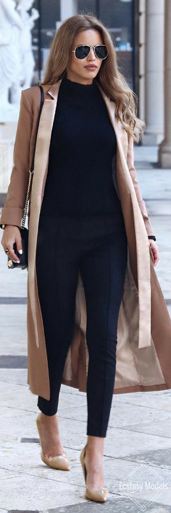 For a simple yet stylish work look try all black with camel-colored shoes and coat. Let Daily Dress Me help you find the perfect