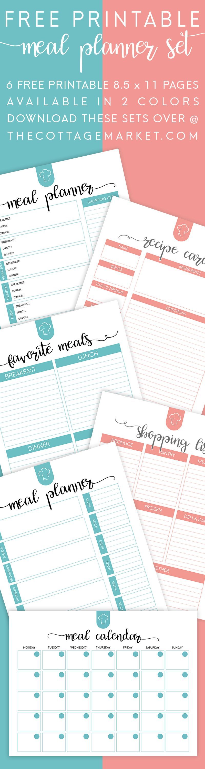 FREE Printable Meal Planner Set. 6 Free Printable 8 1/2 X 11 Pages Available In 2 Colors…Everything you need to organize your