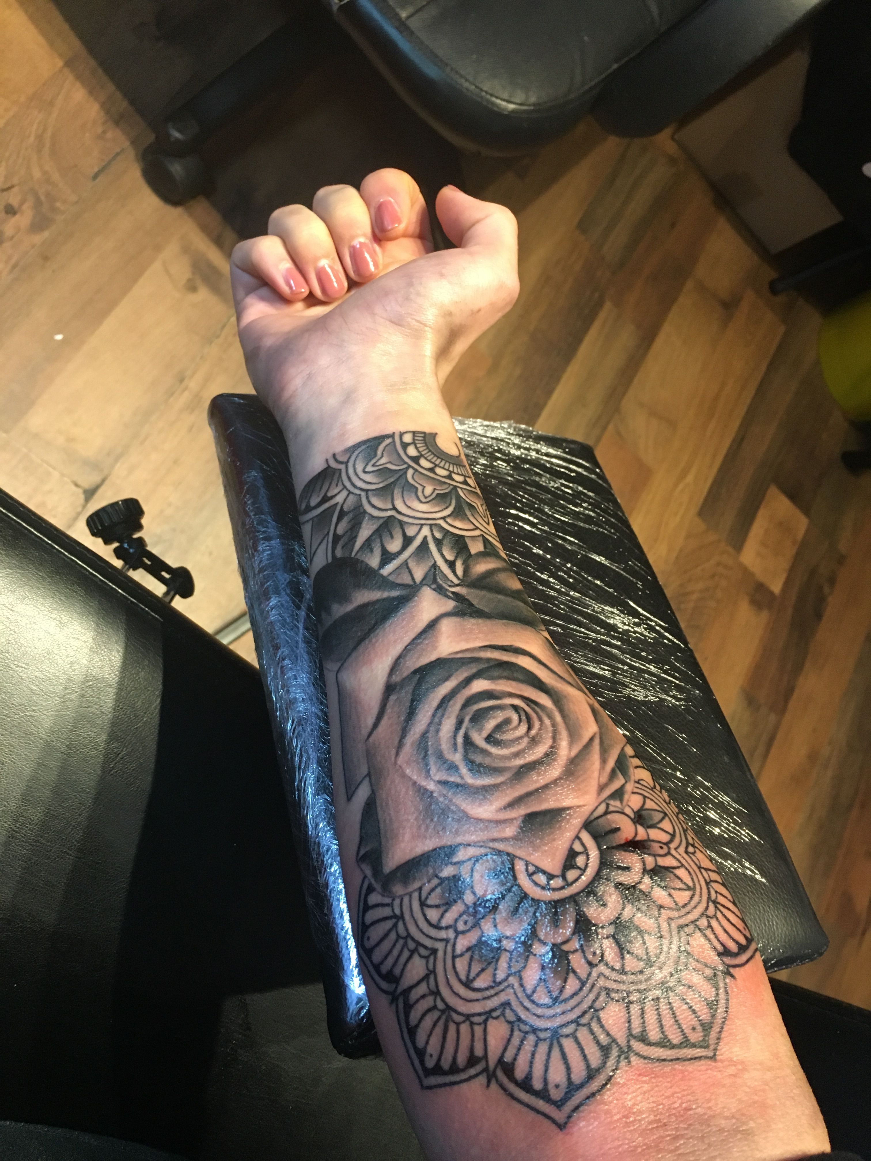 Half mandala rose sleeve women female tattoo black and white grey scale