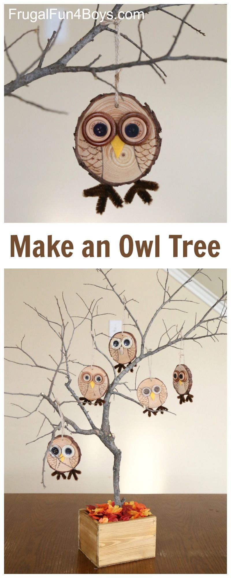 Here’s an owl craft that is both fun and adorable! Create wood slice owl ornaments with button eyes. Then display them on an owl