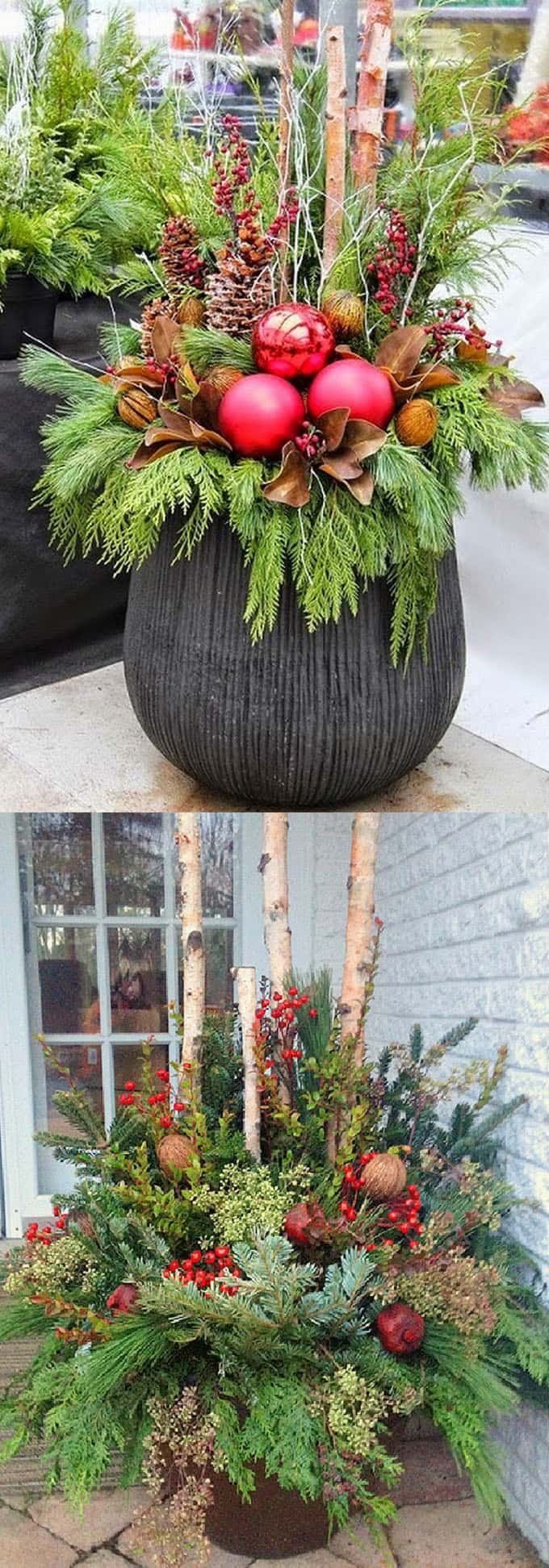 How to create colorful winter outdoor planters and beautiful Christmas planters with plant cuttings and decorative elements that