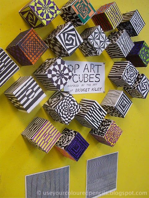 inspired by English Op Artist Bridget Riley (1931-)  Op Art Cubes  From blog: Use Your Coloured Pencils