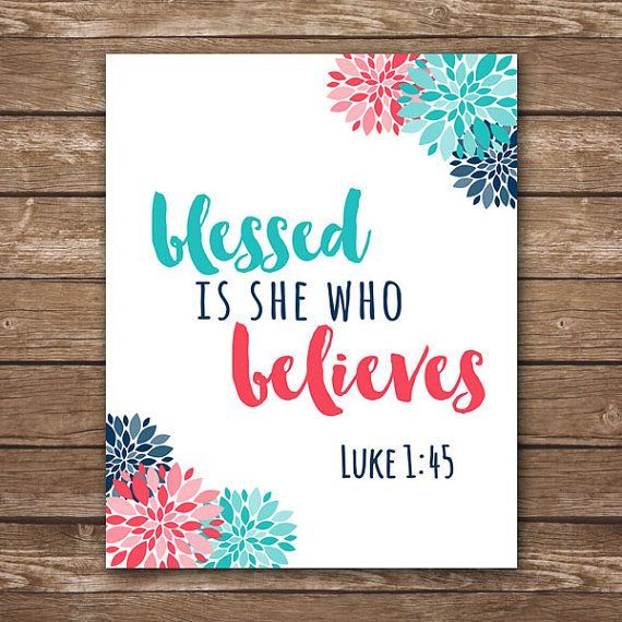 INSTANT DOWNLOAD Scripture Printable, Luke 1:45, blessed is she who believes, home decor, coral dorm, Coral and navy bedroom, navy