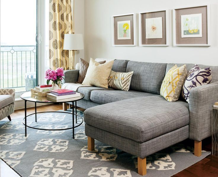 living room with gray sectional sofa